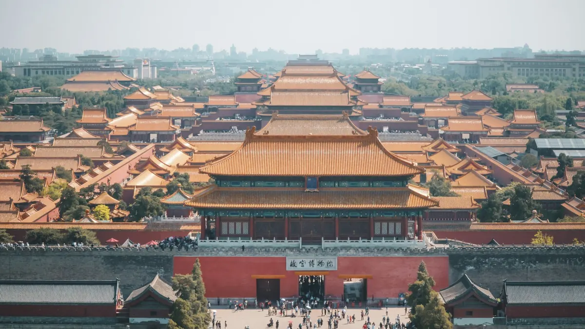 Aerial view of the Forbidden City roofs and courtyards in Beijing