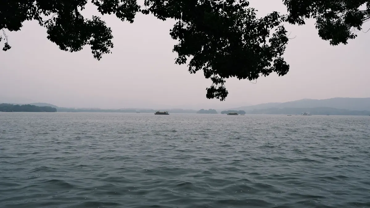 West Lake with distant hills in Hangzhou