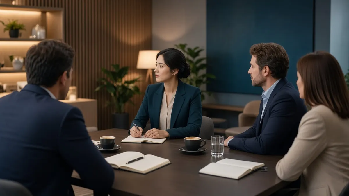 A business conversation in a modern lounge, with an interpreter between the speakers